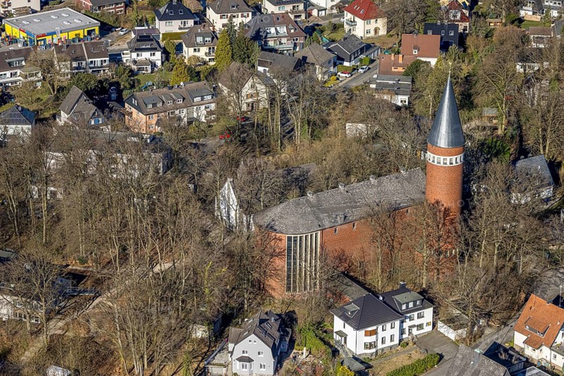 Aerial view, Catholic Church of the Holy Spirit with round tower, Emst, Hagen, Ruhr area, North Rhine-Westphalia, Germany