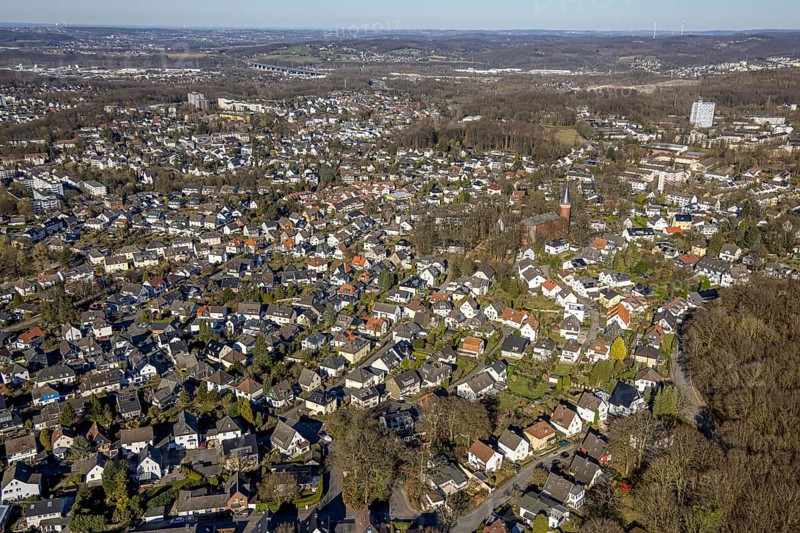 Aerial view, residential area, view of Emst district and Heilig-Geist-Kirche catholic church with round tower, Emst, Hagen, Ruhr area, North Rhine-Westphalia, Germany