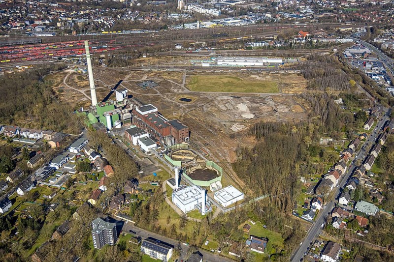 Aerial view, former Uniper power plant Shamrock, open space and construction site, former mine site General Blumenthal, Wanne-Süd, Herne, Ruhr area, North Rhine-Westphalia, Germany, architecture, exterior view, construction work, construction site, mine site, DE, energy, development, Europe, distant view, open space, building, site, General Blumenthal, history, industry, industrial history, infrastructure, landscape, aerial view, aerial photography, aerial photography, modernisation, site view, perspective, reconstruction, Shamrock, city, structure, overview, Uniper power plant, bird's eye view, birds-eyes view, overview, overview