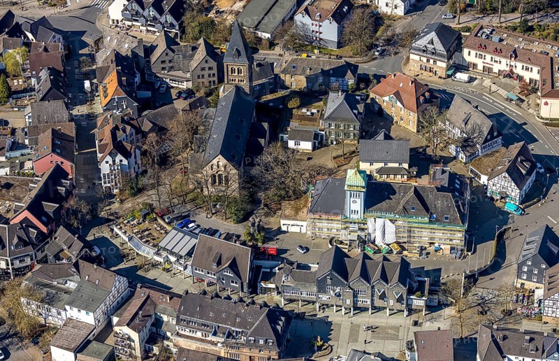 Aerial view, town hall in the old town building site with renovation and covered house facade with scaffolding, Protestant collegiate church St. Marien, Herdecke, Ruhr area, North Rhine-Westphalia, Germany, place of worship, authority, DE, Europe, religious community, place of worship, holy place, church, church community, denomination, aerial view, aerial photography, aerial photography, town hall, religion, religious site, city administration, overview, bird's eye view, birds-eyes view, overview