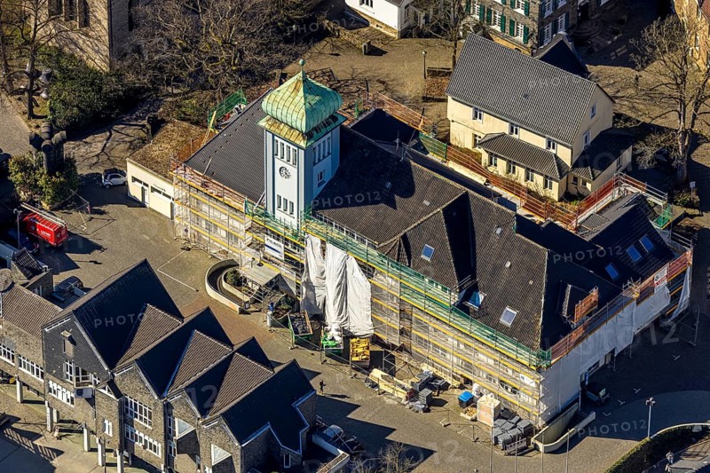 Aerial view, town hall in the old town centre construction site with renovation and covered house facade with scaffolding, Herdecke, Ruhr area, North Rhine-Westphalia, Germany, authority, DE, Europe, aerial view, aerial photography, aerial photography, town hall, city administration, overview, bird's-eye view, overview