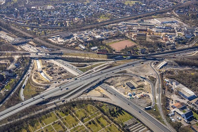 Aerial view, construction site motorway junction Herne, motorway A43 and motorway A42, Baukau-West, Herne, Ruhr area, North Rhine-Westphalia, Germany, motorway, motorway junction, construction work, construction area, construction site, building site, construction project, construction site, DE, Europe, aerial view, aerial photography, aerial photography, road tunnel, road traffic, overview, connecting tunnel, bird's-eye view, overview