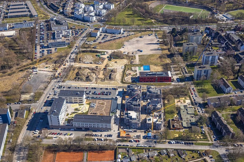 Aerial view, Kaiserquartier Herne, construction site with new construction of a residential complex and housing estate, Lackmanns Hof kindergarten and high-rise housing estate, Baukau, Herne, Ruhr area, North Rhine-Westphalia, Germany, architecture, construction work, construction site, DE, development, Europe, progress, building, high-rise, infrastructure, Kaiserquartier, kindergarten, day care centre, complex, construction, Lackmanns Hof, aerial view, aerial photography, aerial photography, new construction, new buildings, perspective, region, settlement, city, urban development, urban planning, overview, urban, bird's-eye view, residential complex, residential building, housing estate, birds-eyes view, modern, overview