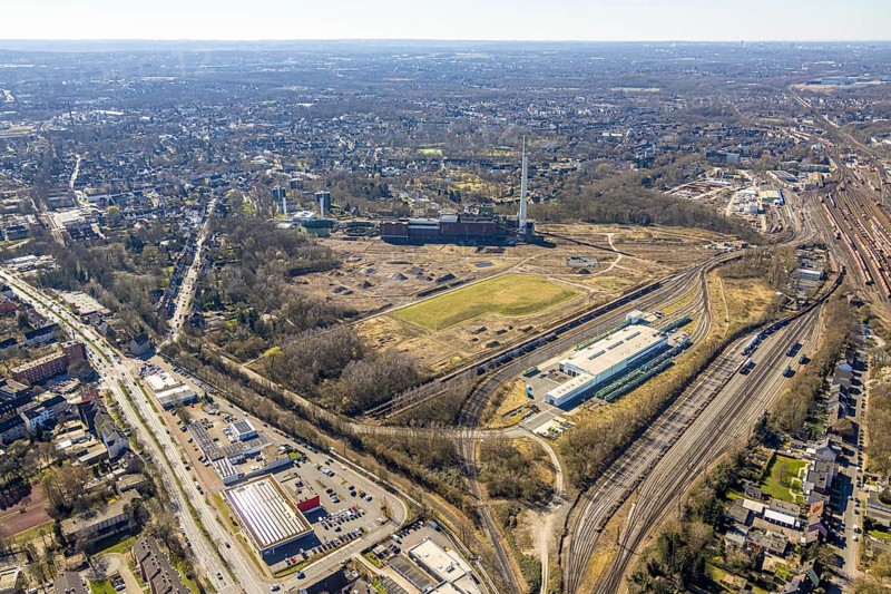 Aerial view, former Uniper power plant Shamrock, open space and construction site, former mine site General Blumenthal, town view with distant view, Wanne-Süd, Herne, Ruhr area, North Rhine-Westphalia, Germany, architecture, exterior view, construction work, construction site, mine site, DE, energy, development, Europe, distant view, open space, building, site, General Blumenthal, history, industry, industrial history, infrastructure, landscape, aerial view, aerial photography, aerial photography, modernisation, site view, perspective, reconstruction, Shamrock, town, structure, overview, Uniper power plant, bird's eye view, birds-eyes view, overview, overview