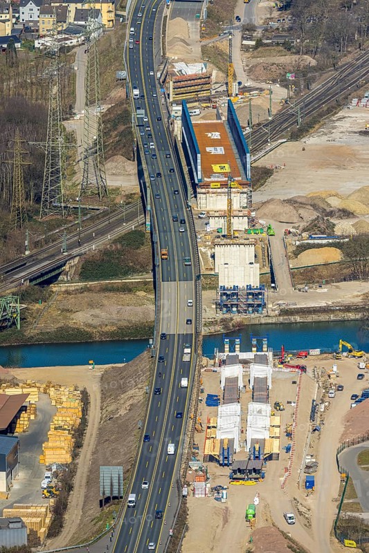 Aerial view, new construction bridge over the Rhine-Herne Canal and railway line, Baukau, Herne, Ruhr area, North Rhine-Westphalia, Germany, motorway, construction work, construction area, building site, building plots, construction project, construction site, bridge, DE, Europe, large construction site, aerial photograph, aerial photography, aerial photography, new construction, overview, bird's-eye view, bird's-eye view, overview