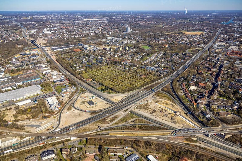 Aerial view, construction site motorway junction Herne, motorway A43 and motorway A42, Baukau-West, Herne, Ruhr area, North Rhine-Westphalia, Germany, motorway, motorway junction, construction work, construction area, construction site, building site, construction project, construction site, DE, Europe, aerial view, aerial photography, aerial photography, road tunnel, road traffic, overview, connecting tunnel, bird's-eye view, overview