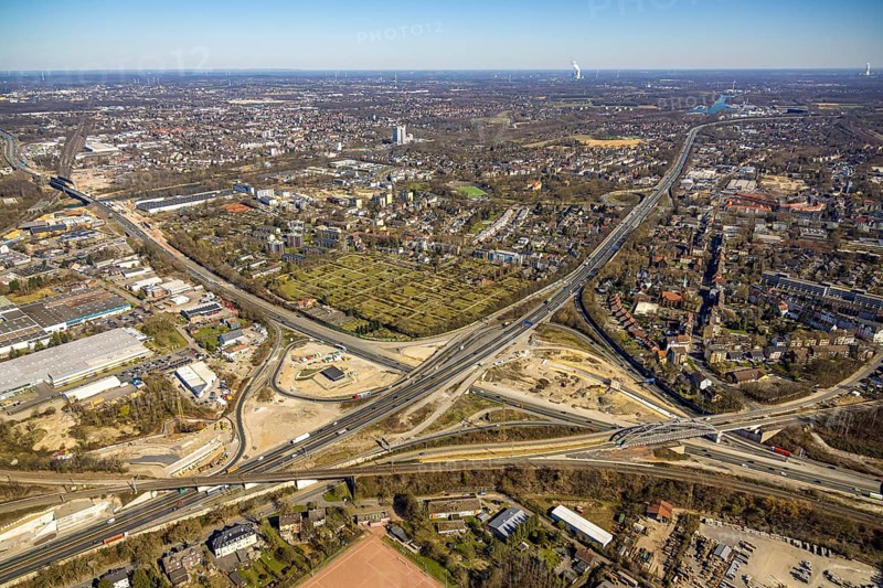 Aerial view, construction site motorway junction Herne, motorway A43 and motorway A42, Baukau-West, Herne, Ruhr area, North Rhine-Westphalia, Germany, motorway, motorway junction, construction work, construction area, construction site, building site, construction project, construction site, DE, Europe, aerial view, aerial photography, aerial photography, road tunnel, road traffic, overview, connecting tunnel, bird's-eye view, overview