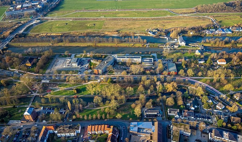 Aerial view, Hammonense grammar school and water sports centre, River Lippe and Datteln-Hamm Canal, centre, Hamm, Ruhr area, North Rhine-Westphalia, Germany