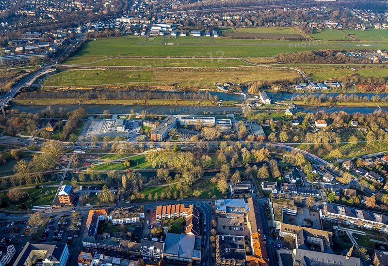 Aerial view, Hammonense grammar school and water sports centre, River Lippe and Datteln-Hamm Canal, centre, Hamm, Ruhr area, North Rhine-Westphalia, Germany