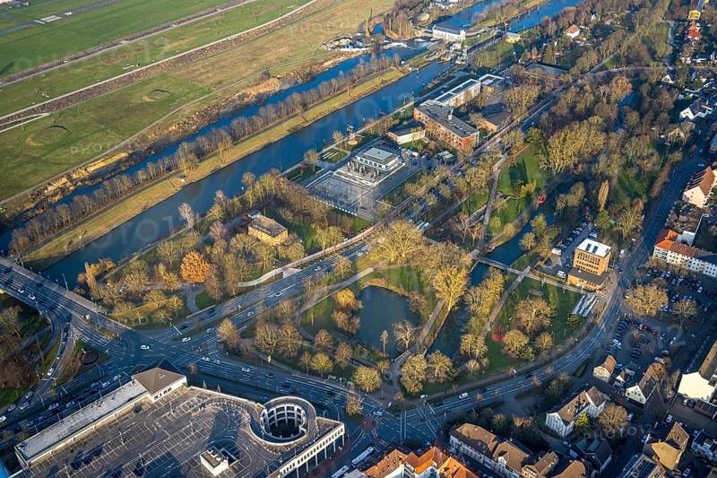 Aerial view, Hammonense grammar school and water sports centre, Nordring Park and River Lippe and Datteln-Hamm Canal, centre, Hamm, Ruhr area, North Rhine-Westphalia, Germany