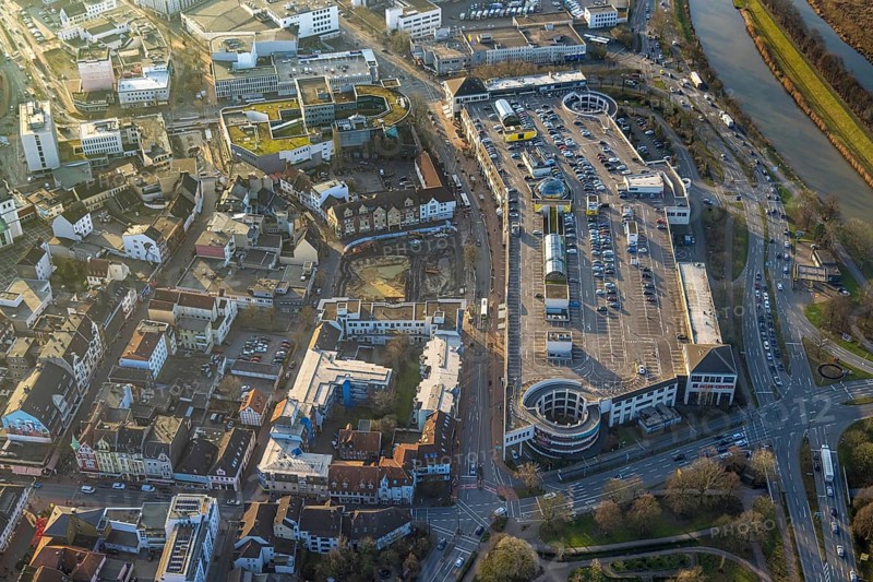 Aerial view, Allee-Center shopping centre with parking deck and Ritterpassage construction site with demolition, Mitte, Hamm, Ruhr area, North Rhine-Westphalia, Germany