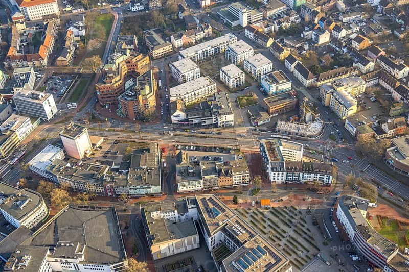Aerial view, city centre with Mercure Hotel Hamm, Neue Bahnhofstraße with bunker, Villa Viertel residential complex on the corner of Friedrichstraße and Sedanstraße, centre, Hamm, Ruhr area, North Rhine-Westphalia, Germany
