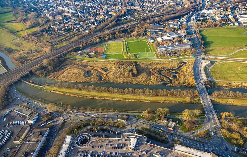 Aerial view, football stadium sports facility at HAMTEC industrial estate, river Lippe and Datteln-Hamm canal with Lippe bridge of federal road B63, road traffic road junction Hafenstraße and Westring federal road B63, district Heessen, Hamm, Ruhr area, North Rhine-Westphalia, Germany