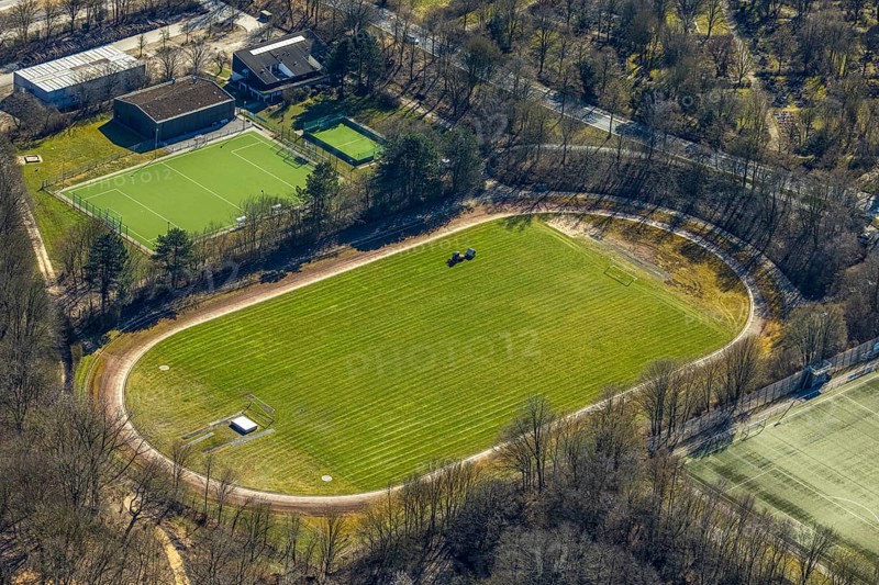 Aerial view, sports facility football stadium Kirchende of FC Herdecke-Ende, Westende, Herdecke, Ruhr area, North Rhine-Westphalia, Germany, DE, Europe, football pitch, football stadium, football club, aerial view, aerial photography, aerial photography, sports, sports facilities, sports field, sports facility, stadium, overview, bird's-eye view, overview