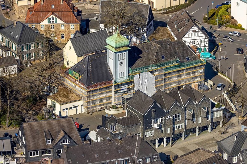 Aerial view, town hall in the old town centre construction site with renovation and covered house facade with scaffolding, Herdecke, Ruhr area, North Rhine-Westphalia, Germany, authority, DE, Europe, aerial view, aerial photography, aerial photography, town hall, city administration, overview, bird's-eye view, overview