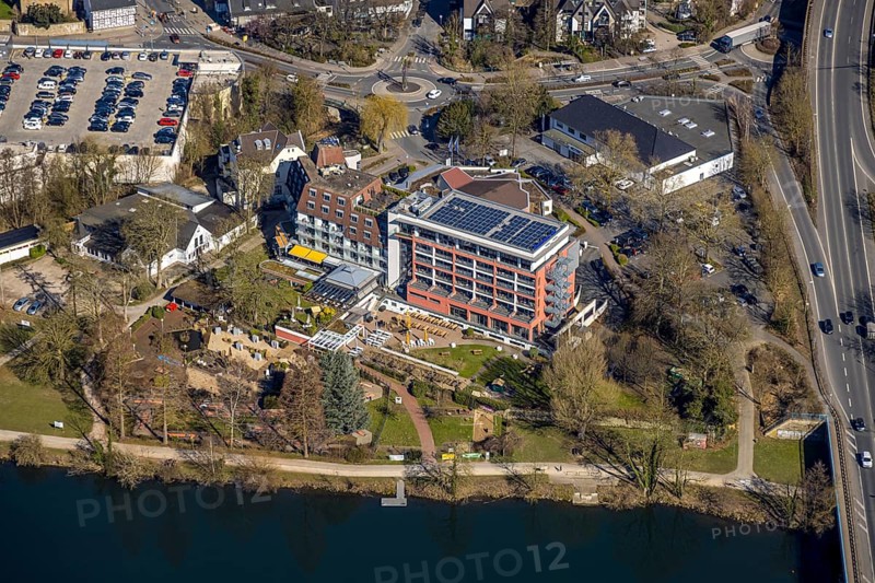 Aerial view, Hotel Zweibrücker Hof with solar roof and beer garden, Action Supermarket, roundabout Hengsteyseestraße with art installation, Herdecke, Ruhr area, North Rhine-Westphalia, Germany, DE, Europe, gastronomy, hotel, hotel facilities, hotel business, aerial view, aerial photography, aerial photography, overview, bird's-eye view, overview