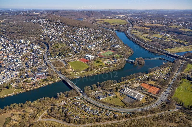 Aerial view, view of town and river Ruhr with Ruhr bridge Herdecke, sports and leisure centre Bleichstein, run-of-river power station Stiftsmühle, on the right the motorway A1, Herdecke, Ruhr area, North Rhine-Westphalia, Germany, DE, Europe, property tax, real estate, aerial view, aerial photography, aerial photography, overview, bird's-eye view, residential area, housing and living, residential area, quality of living, residential quarter, housing estate, residential district, birds-eyes view, overview