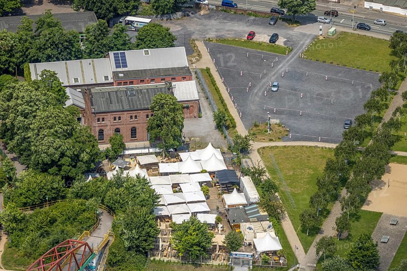 Aerial view, Steinmeister's beer garden - Oskar am Kanal im Kulturpark Unser Fritz, area former colliery Unser Fritz, artist colliery Unser Fritz 2/3, shaft 3, Unser Fritz, Herne, Ruhr area, North Rhine-Westphalia, Germany, DE, Europe, aerial view, aerial photography, aerial photography, overview, bird's-eye view, overview, linksderA43, HernelinksderA43