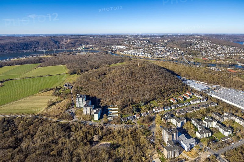 Aerial view, forest area Kaisberg and Freiherr-vom-Stein-Turm, skyscrapers at the edge of the forest, behind Ruhr viaduct and Herdecke at the river Ruhr, Vorhalle, Hagen, Ruhr area, North Rhine-Westphalia, Germany