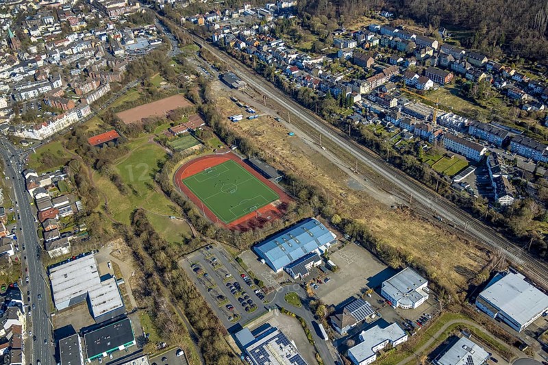Aerial view, Haspe district sports centre, Haspe sports club, Haspe, Hagen, Ruhr area, North Rhine-Westphalia, Germany