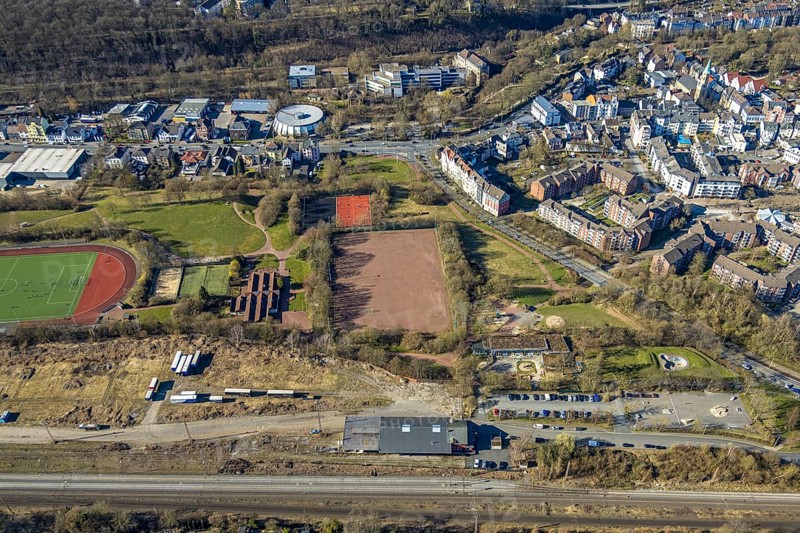 Aerial view, Haspe district sports centre, Haspe sports club, Haspe, Hagen, Ruhr area, North Rhine-Westphalia, Germany