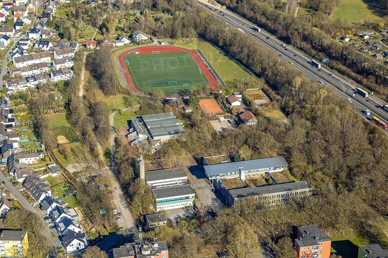 Aerial view, sports field football stadium Sportgemeinschaft Vorhalle 09 Fußball e.V., Vorhalle, secondary school Geschwister-Scholl Vorhalle, Hagen, Ruhr area, North Rhine-Westphalia, Germany