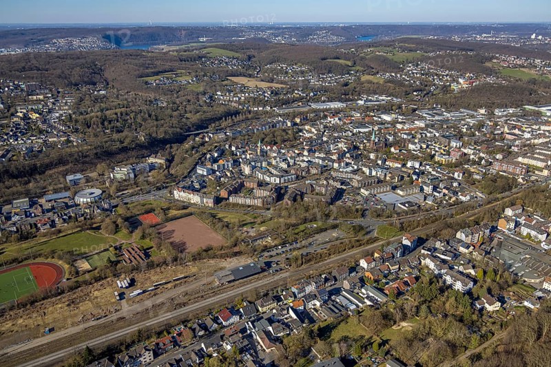Aerial view, district sports centre Haspe, Haspe sports club, view of Haspe, Haspe, Hagen, Ruhr area, North Rhine-Westphalia, Germany
