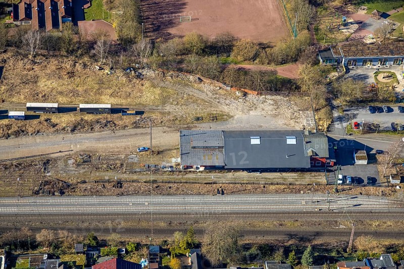 Aerial photo, AREA52 GmbH Hagen on the railway line around the Haspe district sports facility, Hasper Sportverein, Haspe, Hagen, Ruhr area, North Rhine-Westphalia, Germany