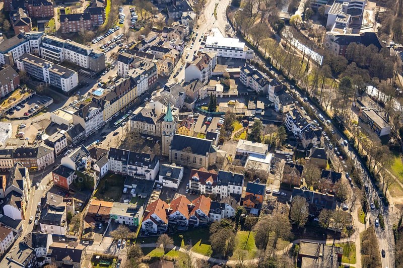 Aerial view, residential area Kölner Straße and Talstraße, Haspe Protestant Church, Hagen, Ruhr area, North Rhine-Westphalia, Germany