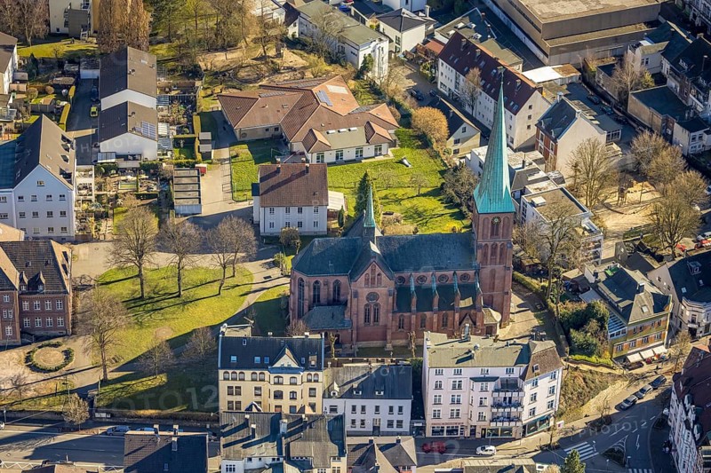 Aerial view, St Bonifatius Catholic Church, Haspe, Hagen, Ruhr area, North Rhine-Westphalia, Germany