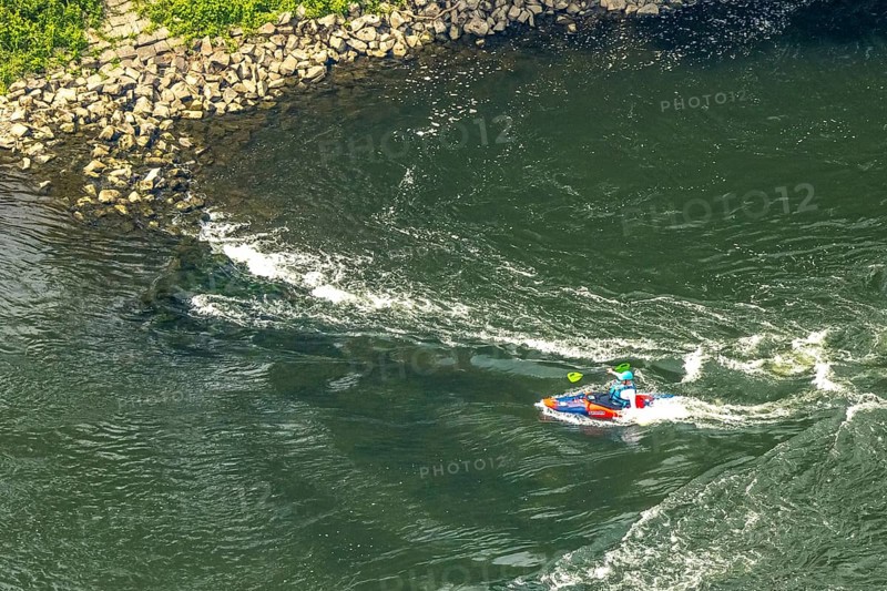 Aerial view, kayaker on the river Ruhr and rapids, Hattingen, Ruhr area, North Rhine-Westphalia, Germany, DE, Europe, aerial view, aerial photography, aerial photography, overview, bird's eye view, birds-eyes view, overview