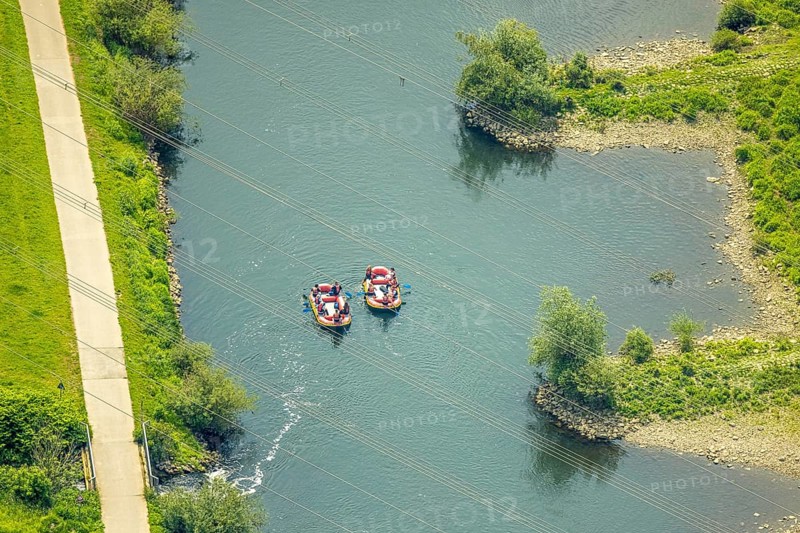 Aerial view, dinghy and rowers on the river Ruhr with groynes, Ruhr-Piraten.com, Hattingen, Ruhr area, North Rhine-Westphalia, Germany, boat, DE, Europe, aerial view, aerial photography, aerial photography, rocky outcrops, overview, bird's eye view, birds-eyes view, overview