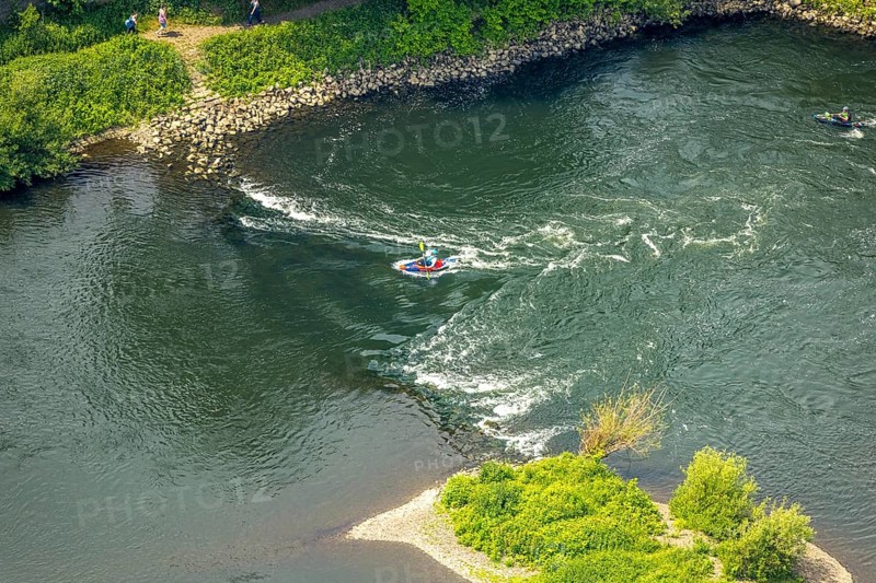 Aerial view, kayaker on the river Ruhr and rapids, Hattingen, Ruhr area, North Rhine-Westphalia, Germany, DE, Europe, aerial view, aerial photography, aerial photography, overview, bird's eye view, birds-eyes view, overview
