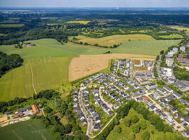 Aerial view, island settlement with Borkumstraße, Syltweg and meadows and fields, Heiligenhaus, Ruhr area, North Rhine-Westphalia, Germany, DE, Europe, property tax, real estate, aerial view, aerial photography, aerial photography, overview, bird's-eye view, housing estate, housing and living, residential area, housing quality, residential neighbourhood, housing estate, residential area, birds-eyes view, overview