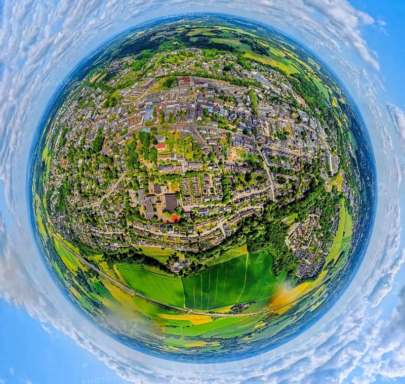 Residential area local view Heiligenhaus centre, earth globe, fisheye shot, 360 degree shot, tiny world, little planet, fisheye image, Leubeck, Heiligenhaus, Ruhr area, North Rhine-Westphalia, Germany, DE, Europe, fisheye lens, fisheye lens, property tax, real estate, aerial photo, aerial photography, aerial photography, super wide angle lens, overview, bird's eye view, housing estate, housing and living, residential area, quality of living, residential neighbourhood, housing estate, residential area, birds-eyes view, fisheye lens, insta360 camera, overview