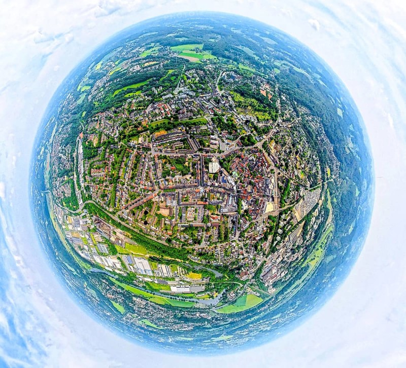 Aerial view, city centre and old town with red roofs, globe, fisheye image, fisheye image, 360 degree image, tiny world, little planet, fisheye image, Hattingen, Ruhr area, North Rhine-Westphalia, Germany, DE, Europe, fisheye lens, fisheye lens, real estate, aerial photography, aerial photography, super wide angle lens, overview, bird's eye view, housing estate, housing and living, residential area, residential quality, residential neighbourhood, housing estate, residential area, birds-eyes view, fisheye lens, insta360 camera, overview