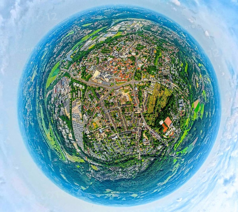 Aerial view, city centre and old town with red roofs, globe, fisheye image, fisheye image, 360 degree image, tiny world, little planet, fisheye image, Hattingen, Ruhr area, North Rhine-Westphalia, Germany, DE, Europe, fisheye lens, fisheye lens, real estate, aerial photography, aerial photography, super wide angle lens, overview, bird's eye view, housing estate, housing and living, residential area, residential quality, residential neighbourhood, housing estate, residential area, birds-eyes view, fisheye lens, insta360 camera, overview