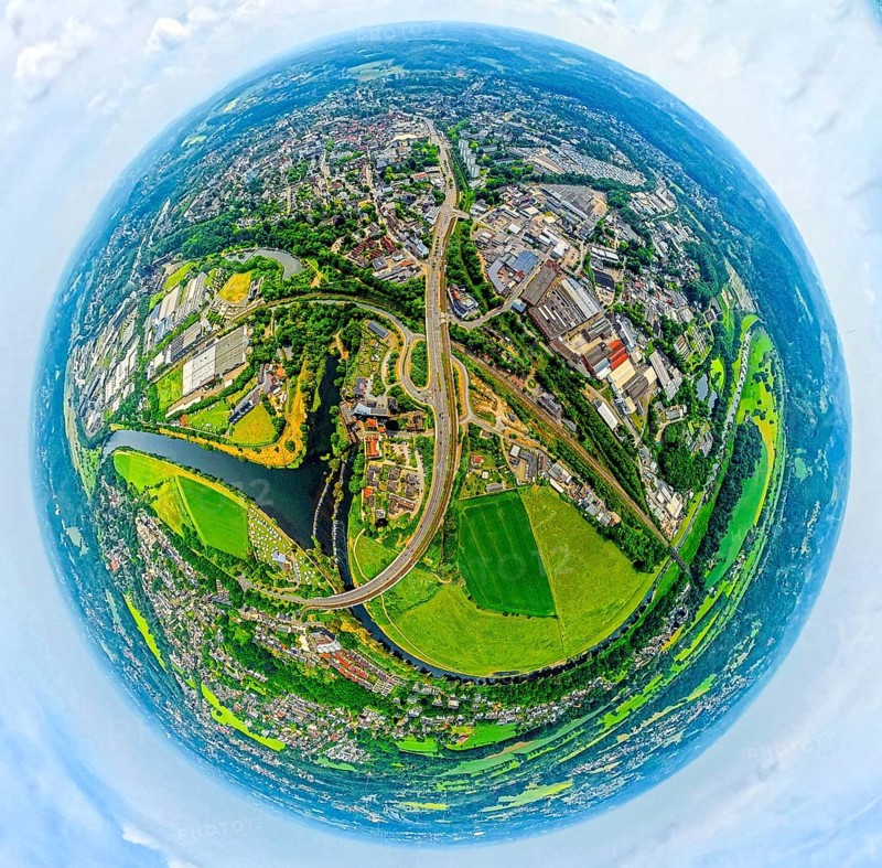 Aerial view, river Ruhr and campsite Ruhrbrücke and Ruhrbogen, Martin-Luther-Straße, right industrial area Beul, globe, fisheye image, fisheye image, 360 degree image, tiny world, little planet, fisheye image, Hattingen, Ruhr area, North Rhine-Westphalia, Germany, DE, Europe, fisheye lens, fisheye lens, aerial view, aerial photography, aerial photography, super wide angle lens, overview, bird's eye view, birds-eyes view, fisheye lens, insta360 camera, overview