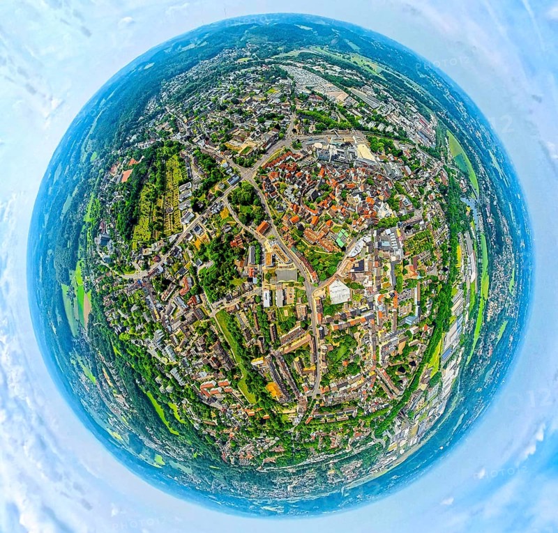 Aerial view, city centre and old town with red roofs, globe, fisheye image, fisheye image, 360 degree image, tiny world, little planet, fisheye image, Hattingen, Ruhr area, North Rhine-Westphalia, Germany, DE, Europe, fisheye lens, fisheye lens, real estate, aerial photography, aerial photography, super wide angle lens, overview, bird's eye view, housing estate, housing and living, residential area, residential quality, residential neighbourhood, housing estate, residential area, birds-eyes view, fisheye lens, insta360 camera, overview