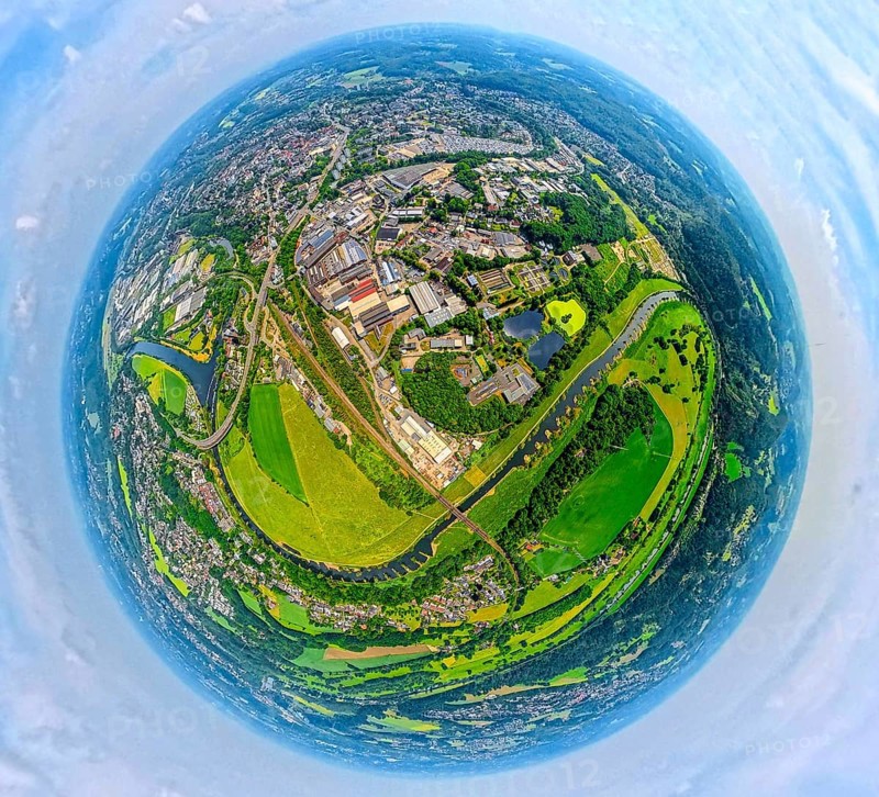 Aerial view, river Ruhr Ruhrbogen Im Klyffer Feld and municipal utilities with sewage treatment plant, industrial area Beul, earth globe, fisheye image, fisheye image, 360 degree image, tiny world, little planet, fisheye image, Hattingen, Ruhr area, North Rhine-Westphalia, Germany, DE, Europe, fisheye lens, fisheye lens, aerial view, aerial photography, aerial photography, super wide angle lens, overview, bird's eye view, birds-eyes view, fisheye lens, insta360 camera, overview