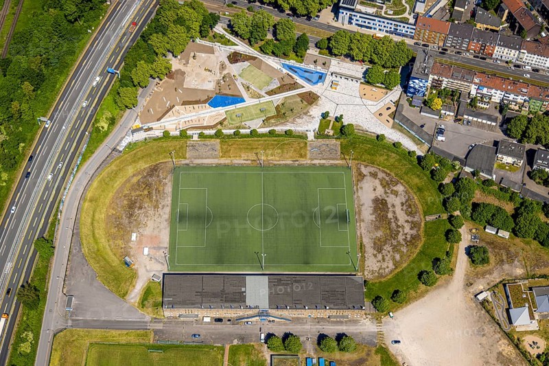 Aerial view, Glückauf Kampfbahn football stadium at Ernst-Kuzorra-Platz with construction site and redesign of the sports garden, Schalke, Gelsenkirchen, Ruhr area, North Rhine-Westphalia, Germany