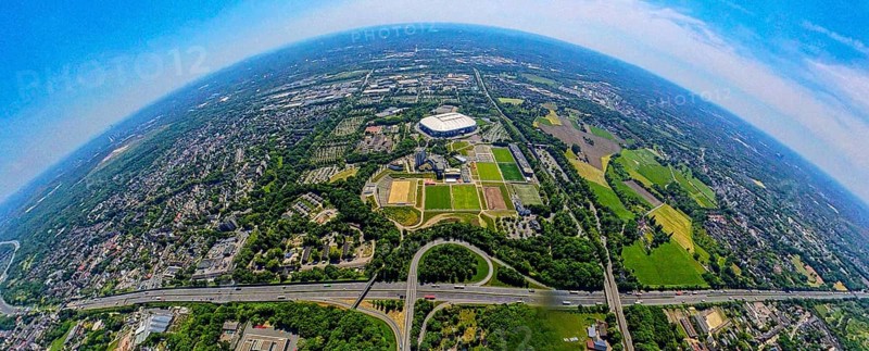 Aerial view, Berger Feld, Schalke Arena Park with Veltins Arena football stadium, A2 motorway and Buer junction, globe, fisheye image, 360 degree image, tiny world, little planet, fisheye image, Ruhr area