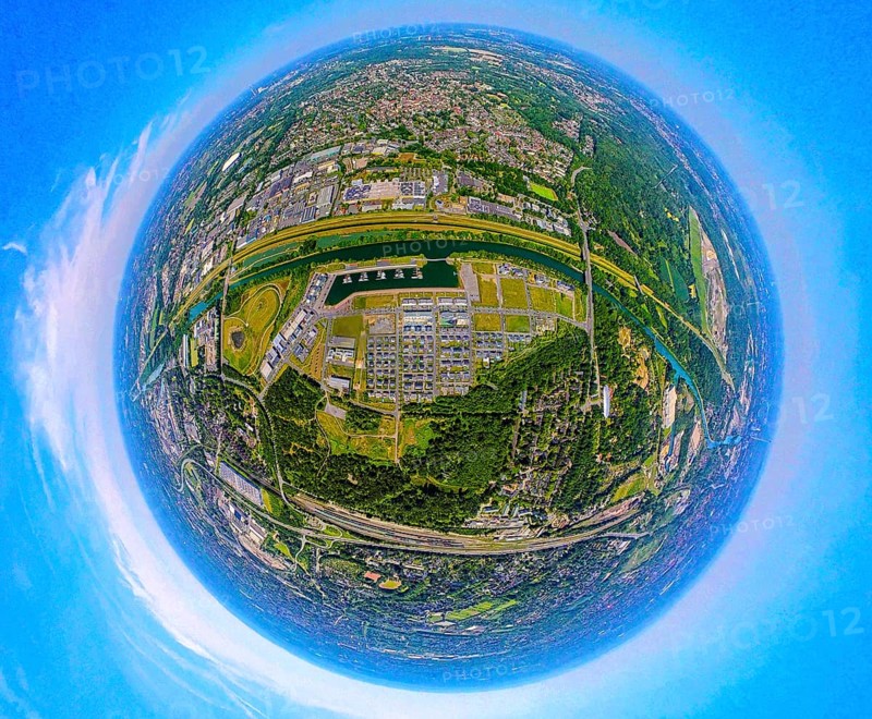Aerial view, Graf Bismarck Johannes-Rau-Allee city quarter, residential complex and Stölting Marina marina on the Rhine-Herne Canal, Emscherstrasse industrial estate, globe, fisheye image, 360 degree image, tiny world, little planet, fisheye image, Bismarck, Gelsenkirchen, Ruhr area, North Rhine-Westphalia, Germany