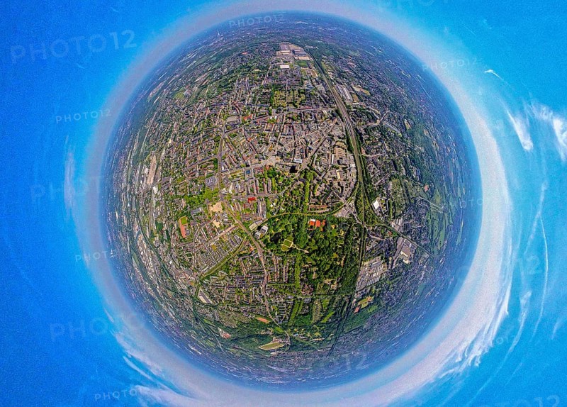 Aerial view, city centre Gelsenkirchen, main station railway tracks, Bahnhofstraße and Ringstraße pedestrian zone, globe, fisheye image, 360 degree image, tiny world, little planet, fisheye image, old town, Gelsenkirchen, Ruhr area, North Rhine-Westphalia, Germany