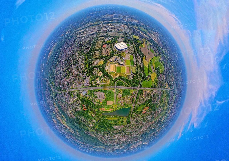 Aerial view, Berger Feld, Schalke Arena Park with Veltins Arena football stadium, globe, fisheye image, 360 degree image, tiny world, little planet, fisheye image, Erle, Gelsenkirchen, Ruhr area, North Rhine-Westphalia, Germany