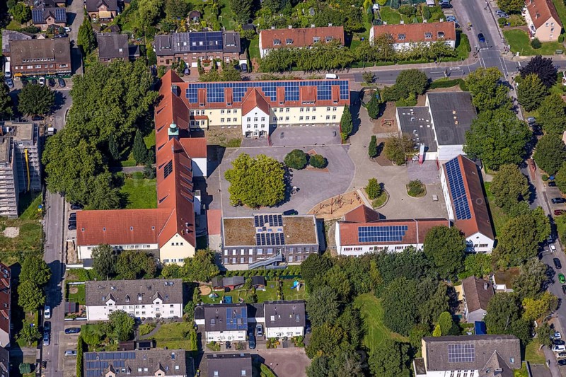 Aerial view, Südparkschule and schoolyard with tree, Brauck, Gladbeck, Ruhr area, North Rhine-Westphalia, Germany