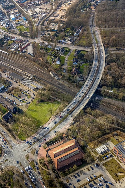 Aerial view, road traffic bridge Sandstraße and railway station Gladbeck-West, Artur-Schirrmacher-Sporthalle, Rentfort, Gladbeck, Ruhr area, North Rhine-Westphalia, Germany