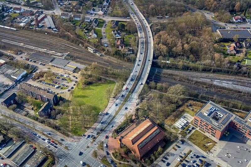 Aerial view, road traffic bridge Sandstraße and railway station Gladbeck-West, Artur-Schirrmacher-Sporthalle, Rentfort, Gladbeck, Ruhr area, North Rhine-Westphalia, Germany