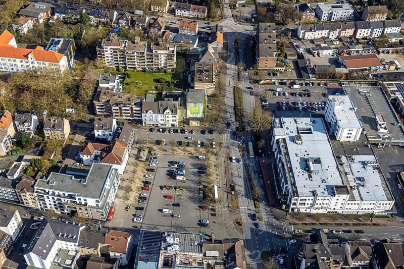 Aerial view, Glückauf Centre and market square with car parks, Gladbeck, Ruhr area, North Rhine-Westphalia, Germany