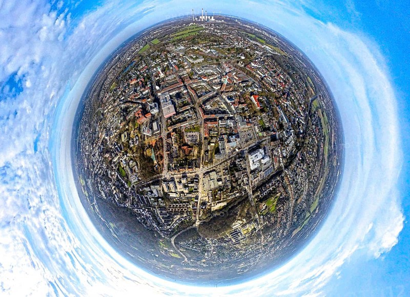 Aerial view, city centre view with ktah. Church St. Lamberti and town hall, behind the Uniper power plant Gelesenkirchen, earth globe, fisheye image, 360 degree image, tiny world, little planet, fisheye image, Gladbeck, Ruhr area, North Rhine-Westphalia, Germany